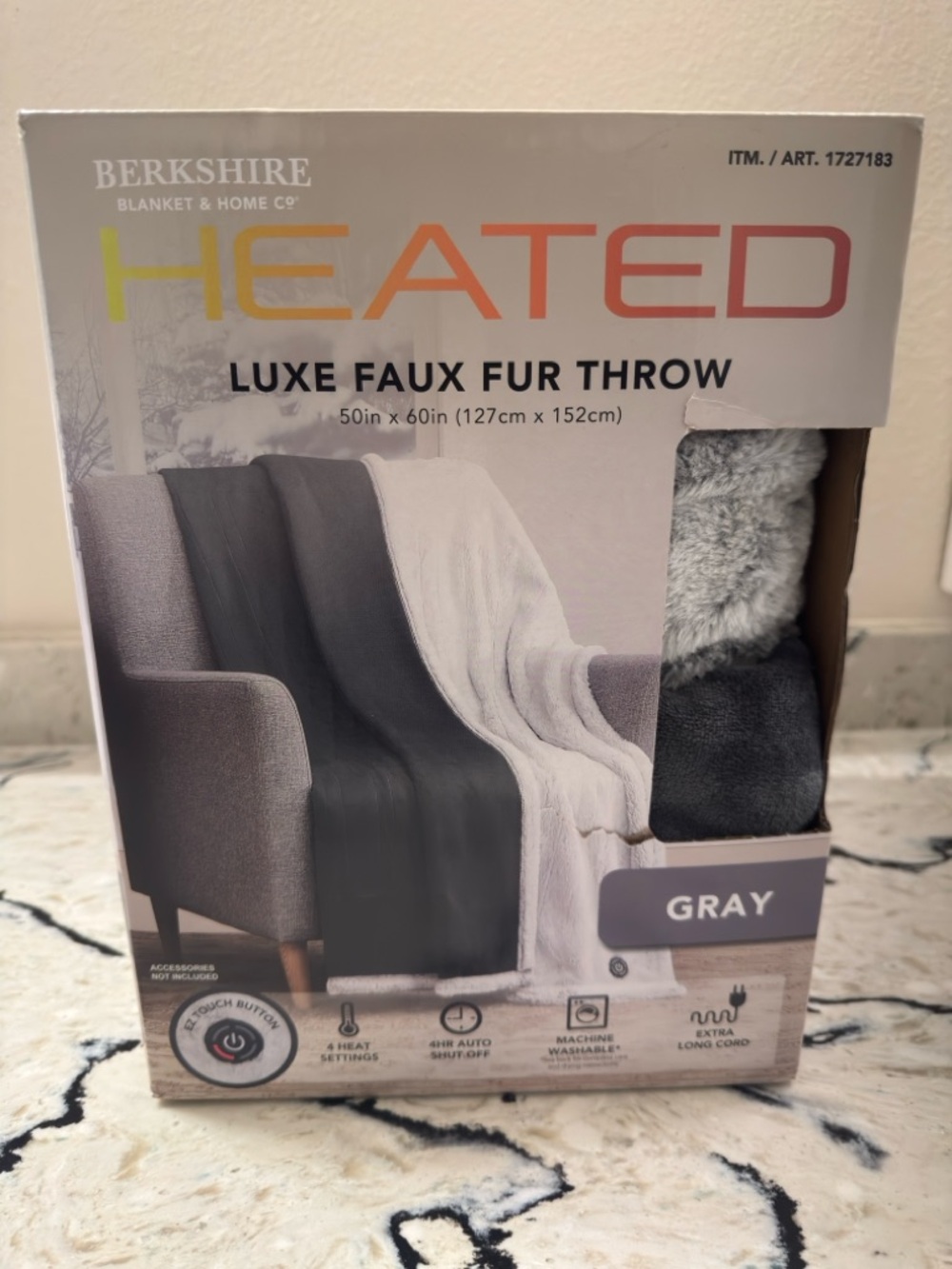 Berkshire Life Heated Luxe Faux Fur Throw, 50" X 60" Gray